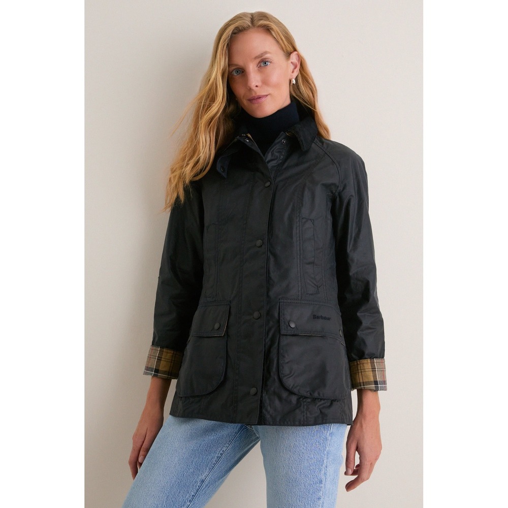 Barbour Beadnell Waxed Cotton Jacket Black Tartan Lining Size:2 (US) NWT